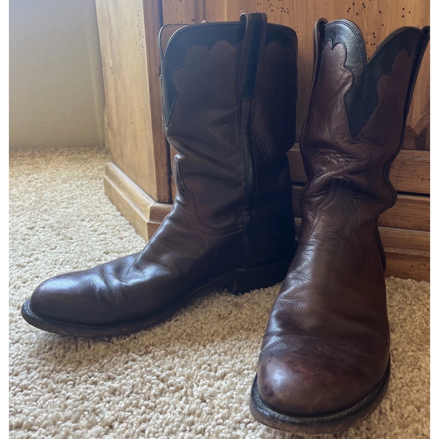 Lucchese Classics Mens 9 1/2 D Handmade Brown Leather Western Cowboy Roper Boots